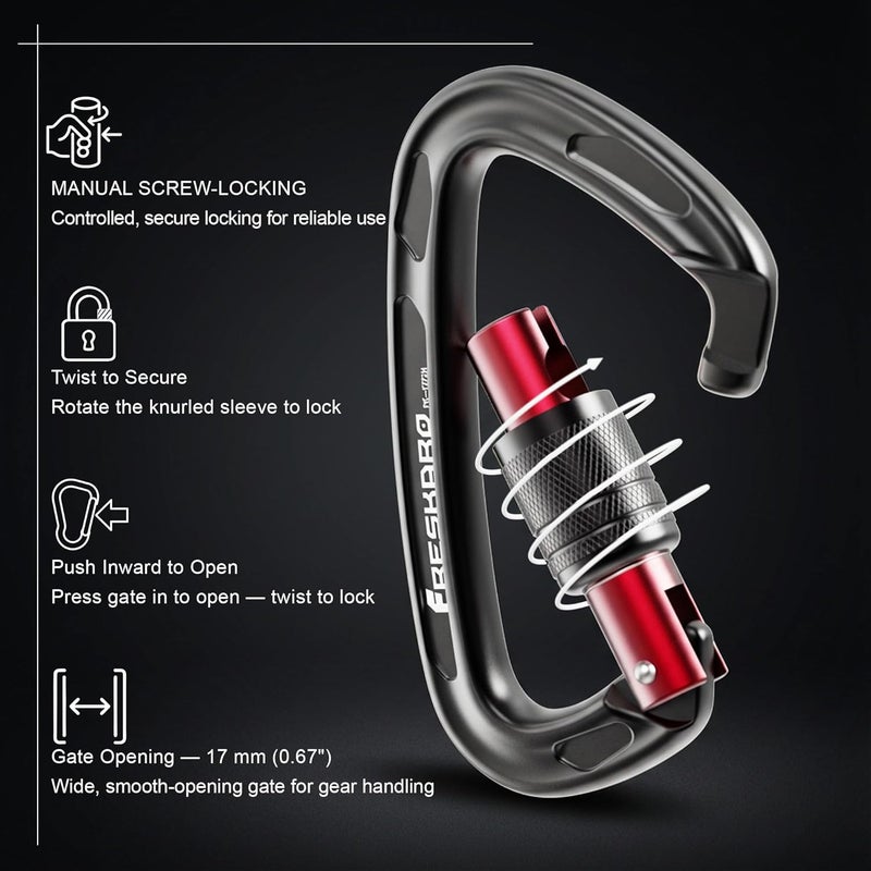 FresKaro 4inches 25kN-5621lbs Climbing Carabiners, UIAA CE Certified, Screw Lock, 7075 Aluminium, Lightweight, Rust Proof, for Mountaineering, Rappelling etc., Multi-Colors - Image 3